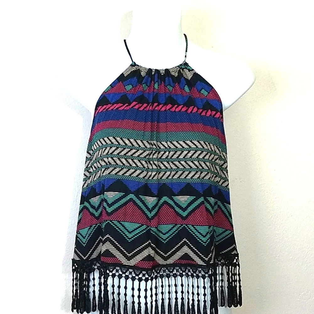 Fringe halter Crop Top striped Grecian print tank adjustable grecian EUC Size S